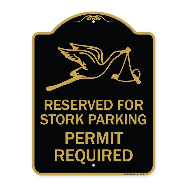 Reserved for Stork Parking Permit Required W/ Graphic, Black & Gold Alum, 18" x 24", BG-1824-23172